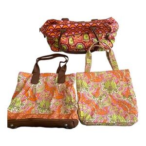 Amy Butler for Kalencom Travel Bag Set Floral Orange/Green Print Vegan Leather